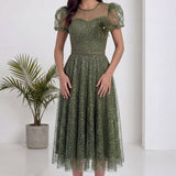 Haki Dantel Balon Kol Midi Abiye Elbise