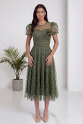 Haki Dantel Balon Kol Midi Abiye Elbise