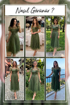 Farklı mekanlarda The ZKS haki balon kol çiçek aksesuarlı midi abiye elbise kombinleri