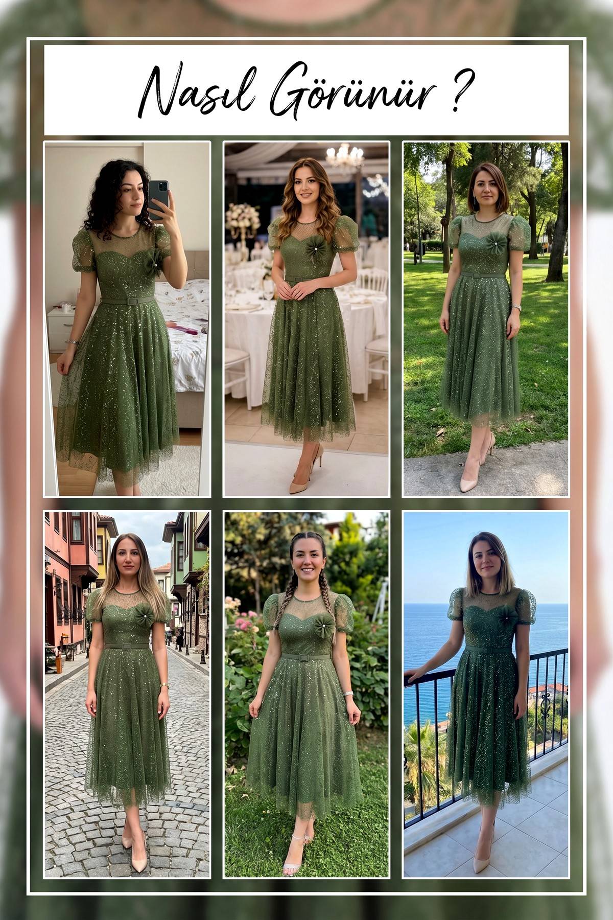 Farklı mekanlarda The ZKS haki balon kol çiçek aksesuarlı midi abiye elbise kombinleri