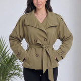 Haki Kadın Düğmeli Kuşaklı Dik Yaka Trençkot