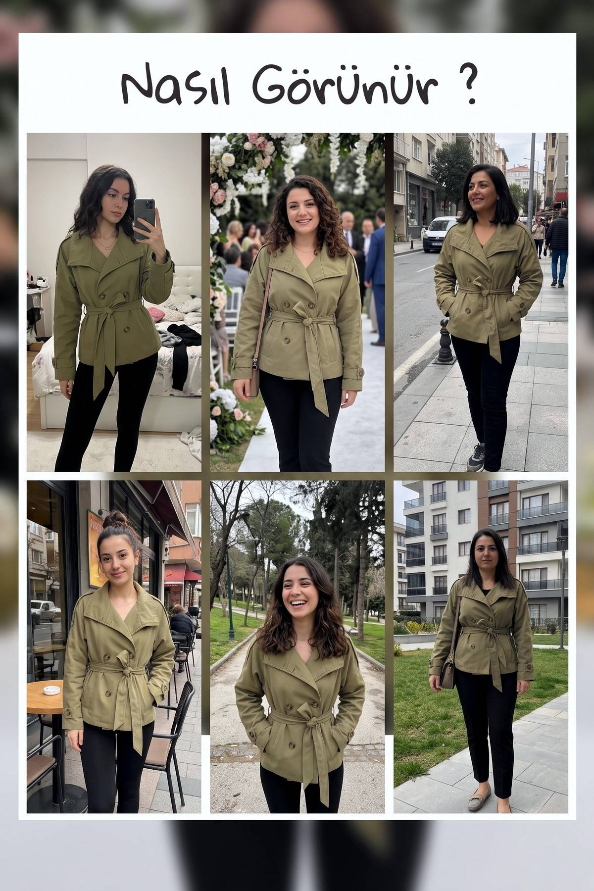 The ZKS kadın haki kısa trençkot farklı mekanlarda giyim kombinleri