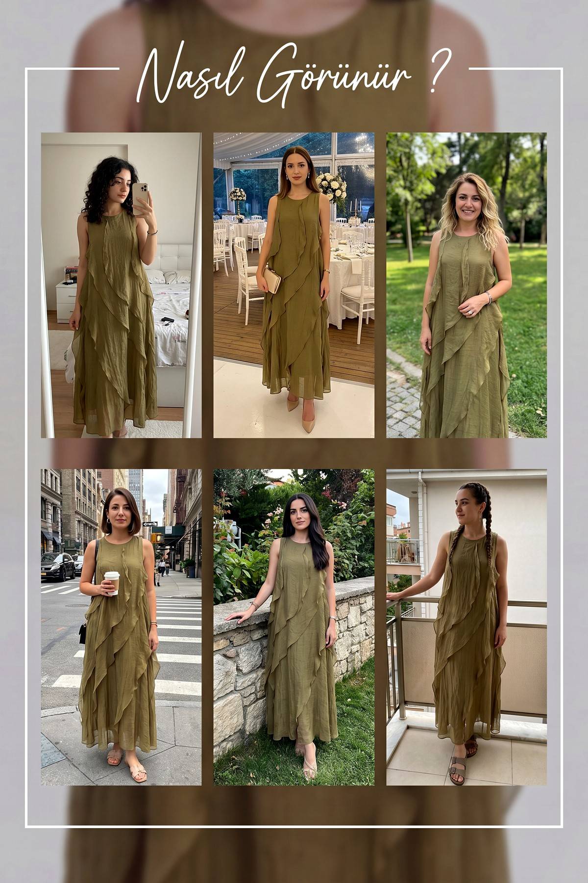 Farklı modellerde The ZKS haki fırfırlı yazlık elbise kombinleri ve kullanım alanları