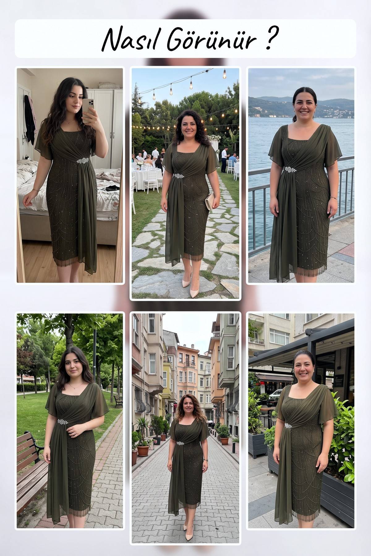The ZKS payetli haki büyük beden midi abiye, farklı mekanlarda giyilmiş hallerini gösteren kolaj görsel.