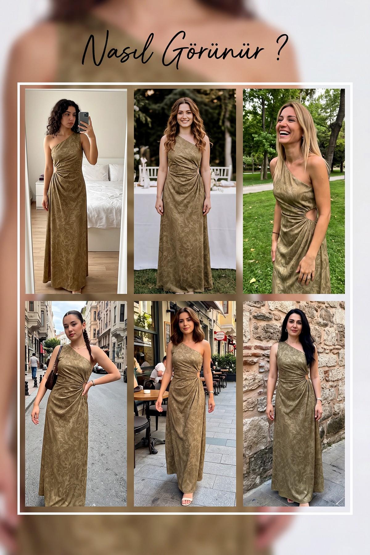 Farklı modellerde The ZKS haki renk tek omuzlu maxi elbise kombinleri, günlük ve özel günler için stil önerileri
