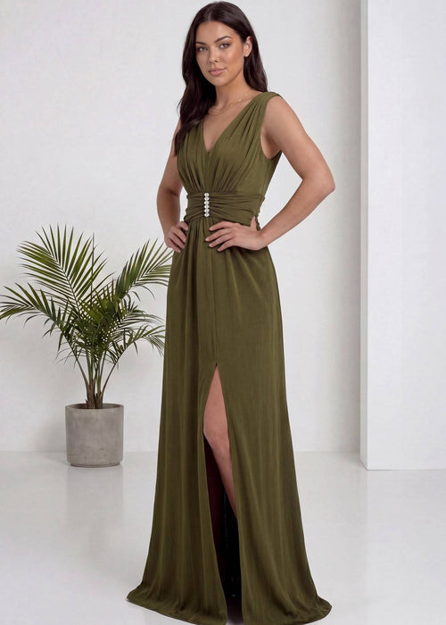 Haki V Yaka Piliseli Taş Detaylı Abiye Elbise