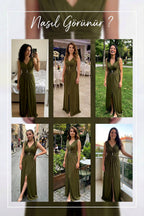 The ZKS haki V yaka abiye elbise farklı mekanlarda kullanımını gösteren kolaj