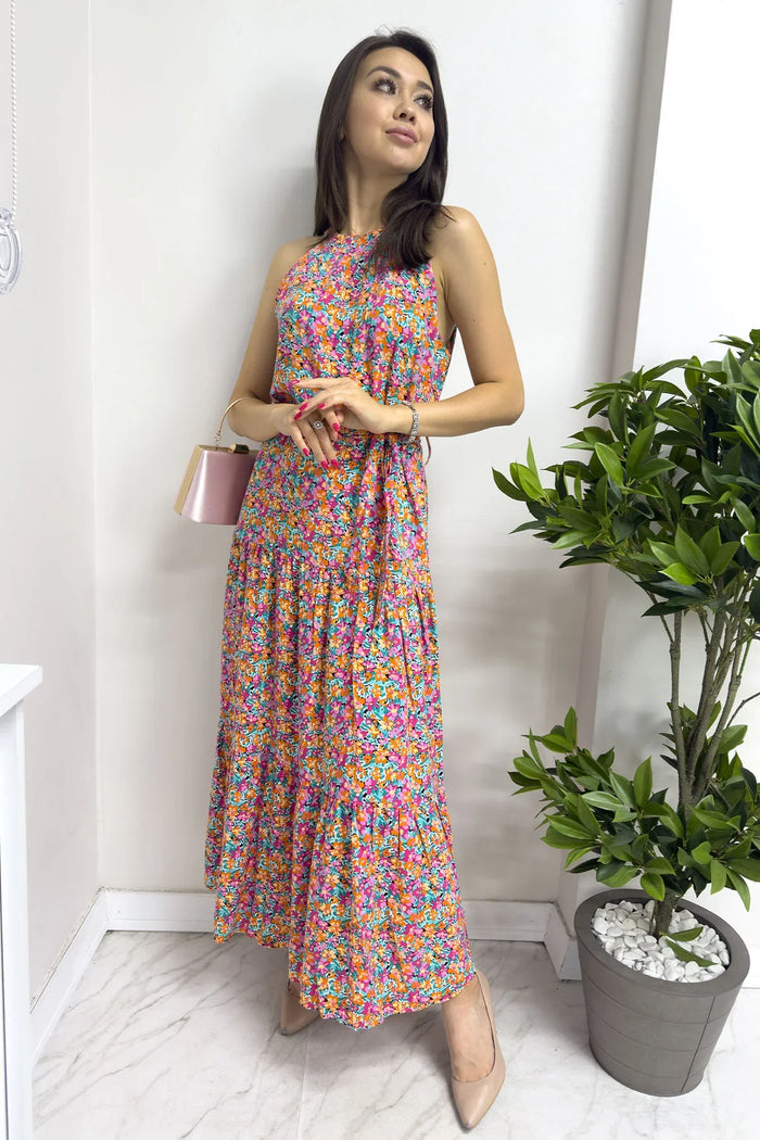 Kadın Halter Yaka Pembe Çiçekli Elbise