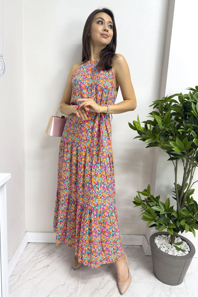 Kadın Halter Yaka Pembe Çiçekli Elbise