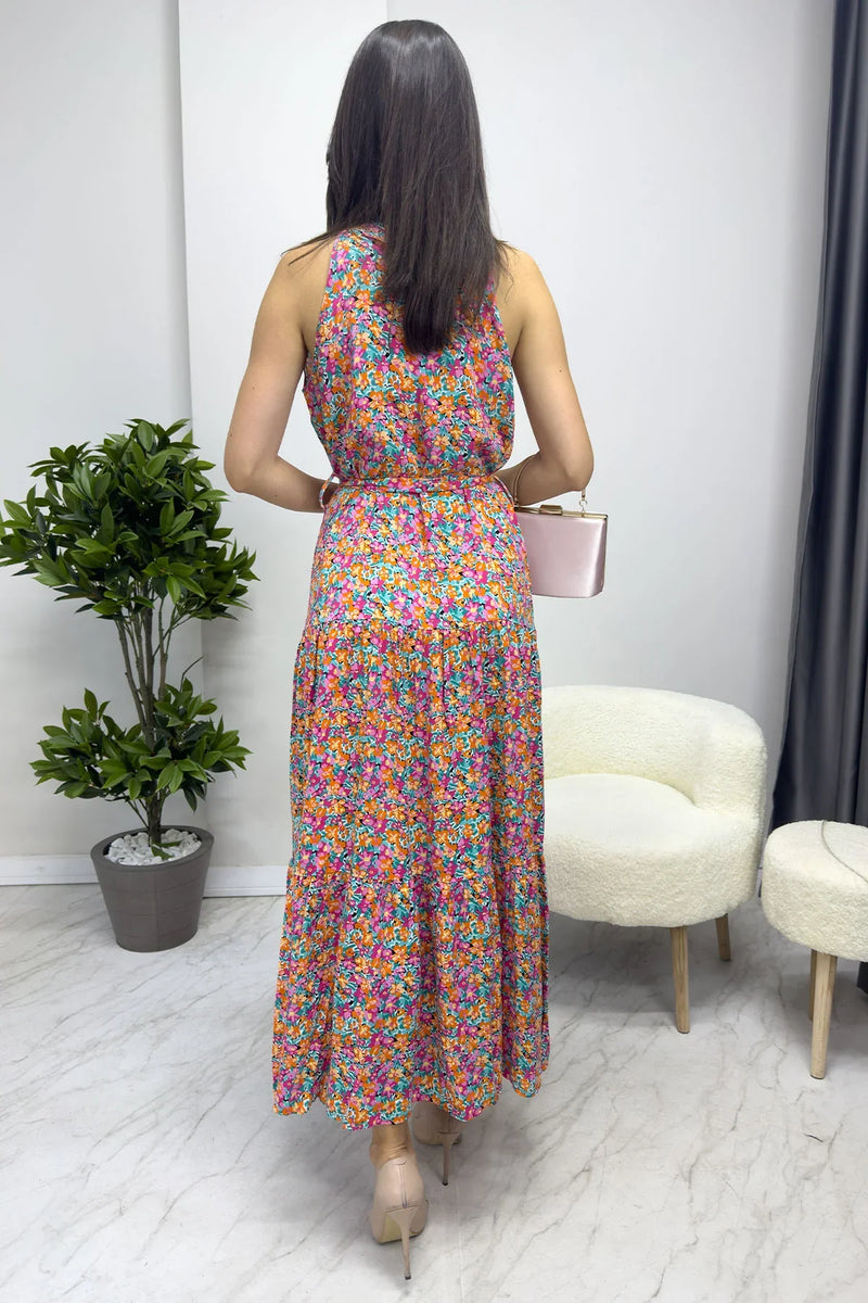 Kadın Halter Yaka Pembe Çiçekli Elbise