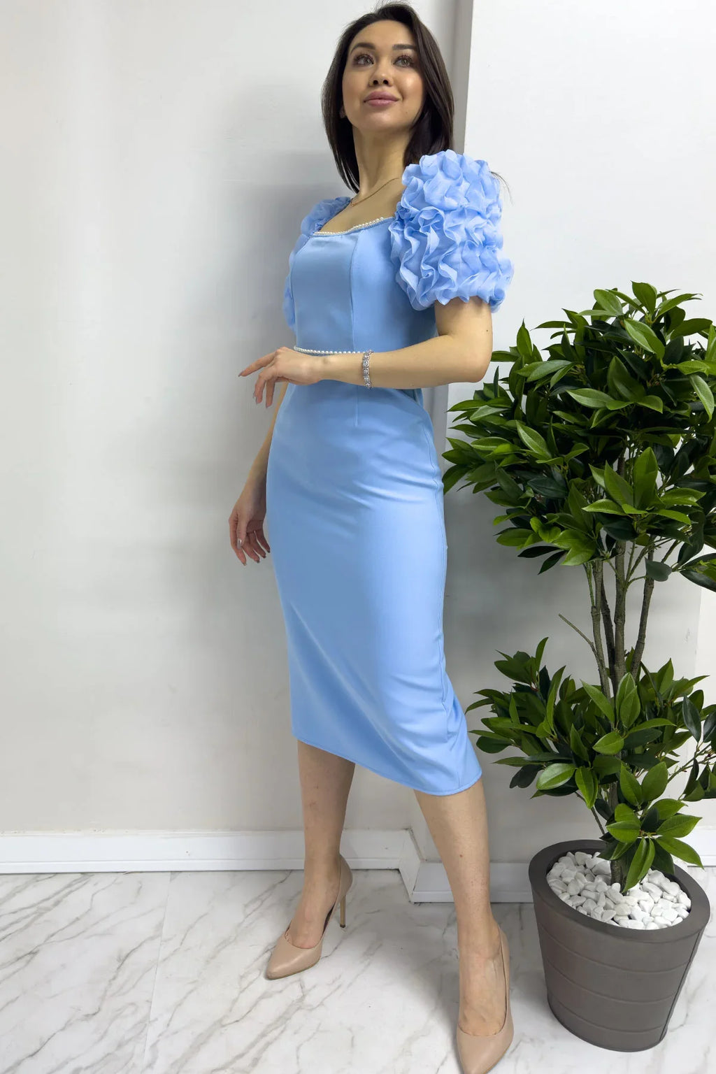 Bebe Mavisi İnci detay Kalem Prenses Kol Tasarım Elbise

