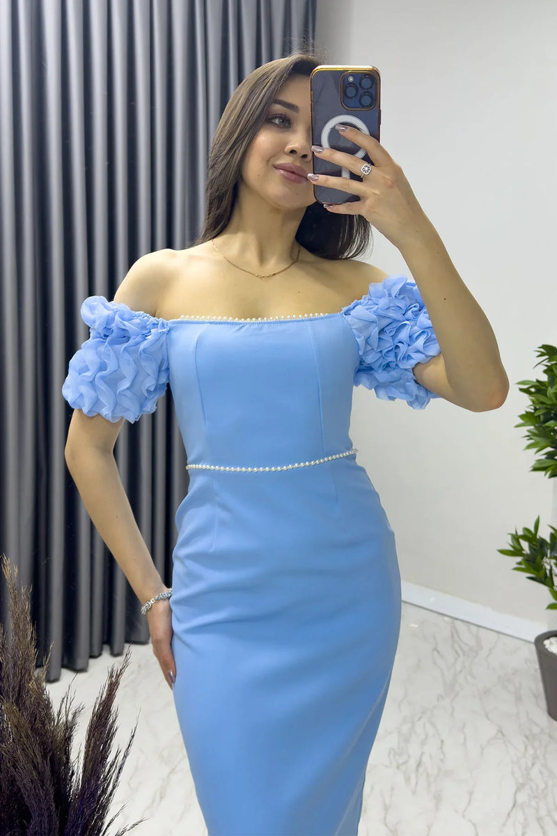 Bebe Mavisi İnci detay Kalem Prenses Kol Tasarım Elbise

