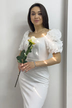 Beyaz İnci detay Kalem Prenses Kol Tasarım Elbise