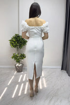 Beyaz İnci detay Kalem Prenses Kol Tasarım Elbise