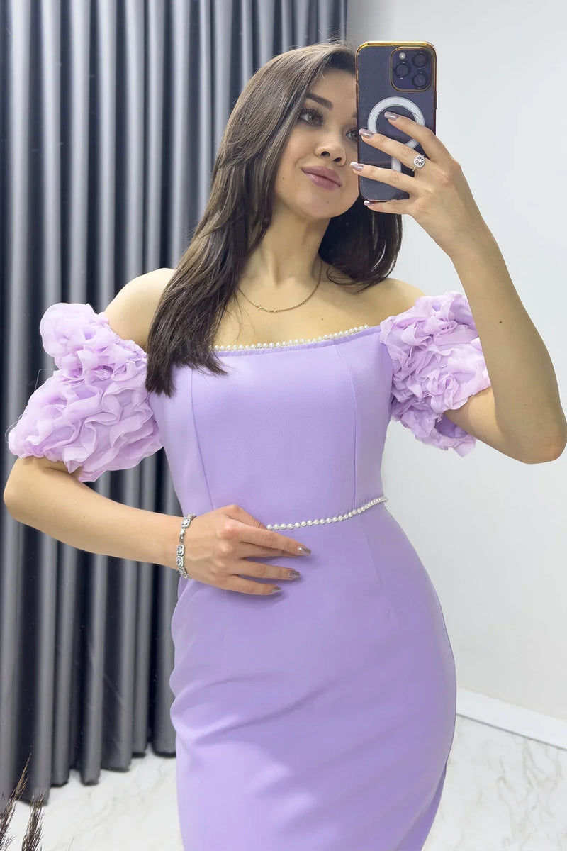 Lila İnci detay Kalem Prenses Kol Tasarım Elbise