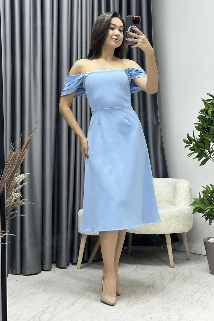 Kadın Bebe Mavisi Kloş İnci Detay Elbise