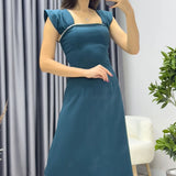 Kadın Zümrüt Yeşili Kloş İnci Detay Elbise