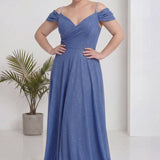 İndigo Büyük Beden Piliseli Kruvaze Abiye Elbise