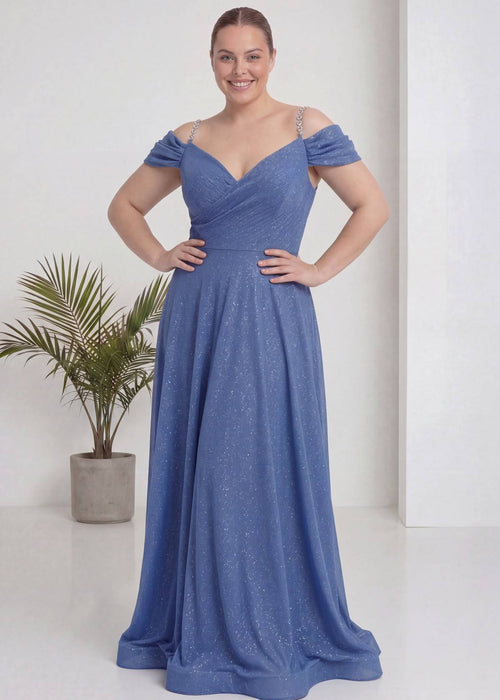 İndigo Büyük Beden Piliseli Kruvaze Abiye Elbise