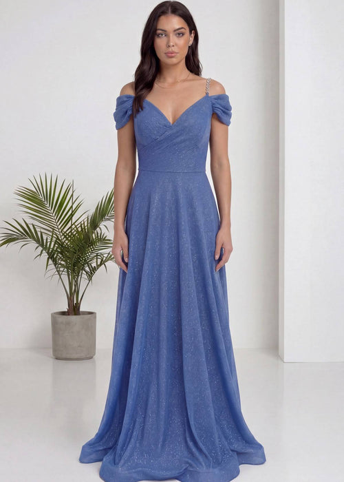 İndigo Düşük Omuz Simli Uzun Abiye Elbise