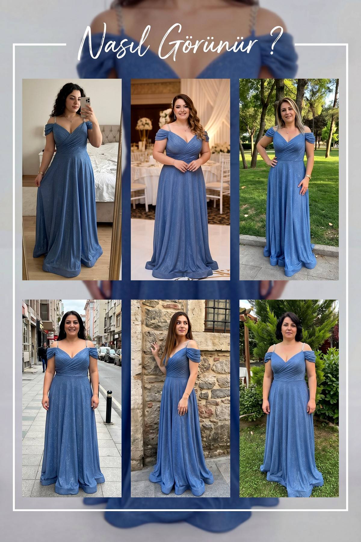 The ZKS indigo rengi, düşük omuzlu, simli, piliseli uzun abiye elbise, farklı modellerde farklı mekanlarda giyilmiş altı farklı çekim