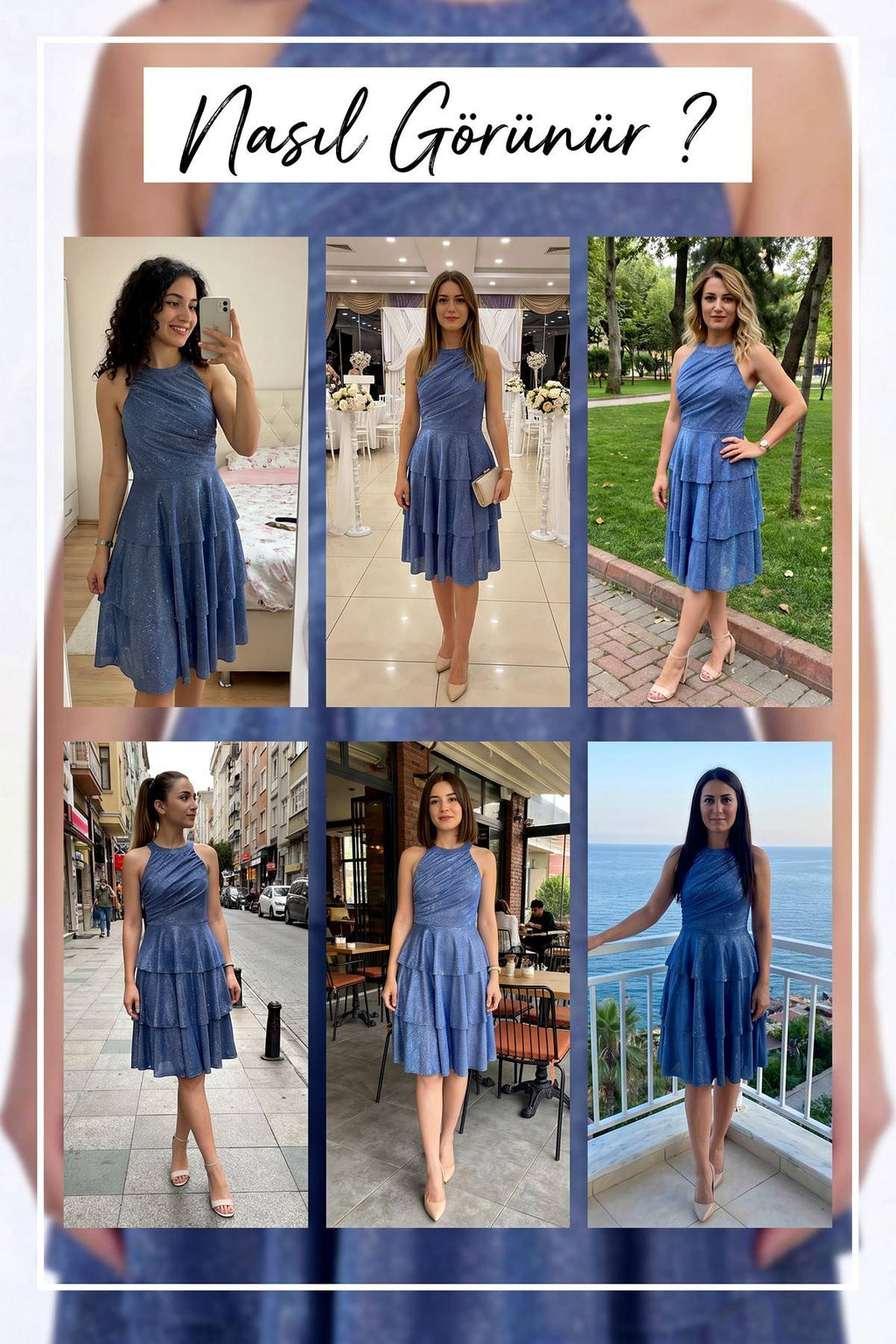 The ZKS indigo simli kat kat etekli kısa abiye elbisenin farklı mekanlardaki kullanımını gösteren kolaj.