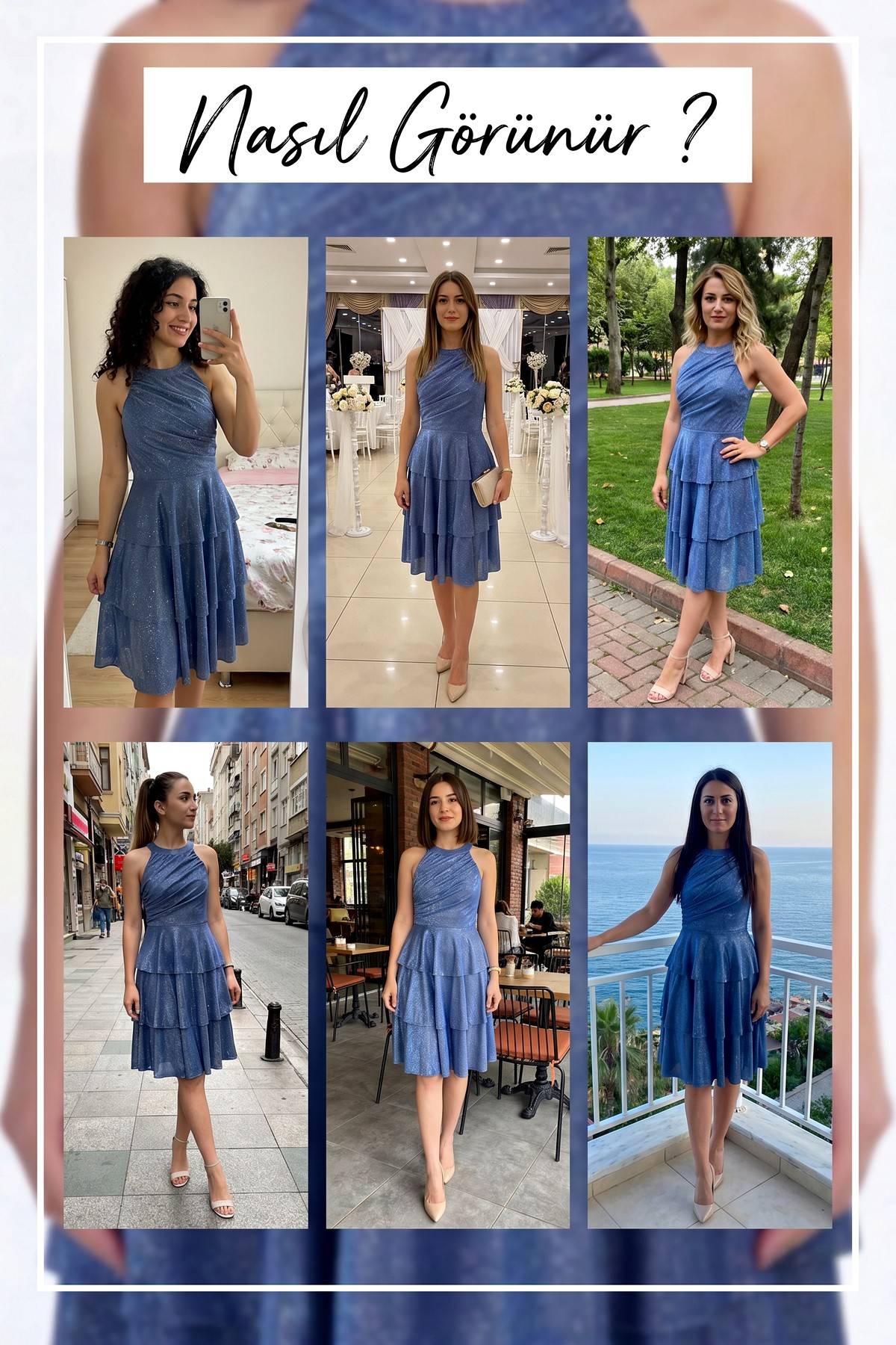 The ZKS indigo simli kat kat etekli kısa abiye elbisenin farklı mekanlardaki kullanımını gösteren kolaj.
