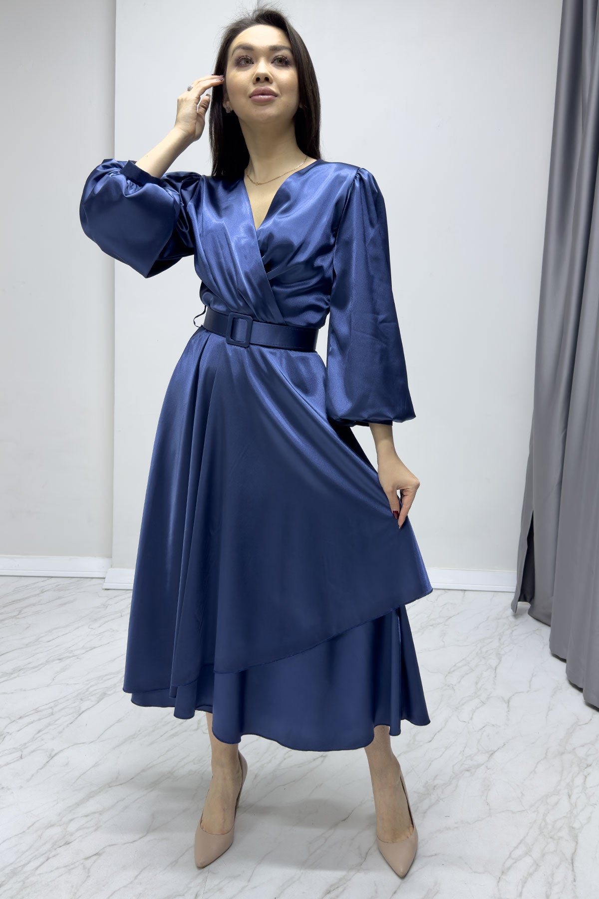 İndigo Kemerli Saten Büyük Beden Abiye Elbise

