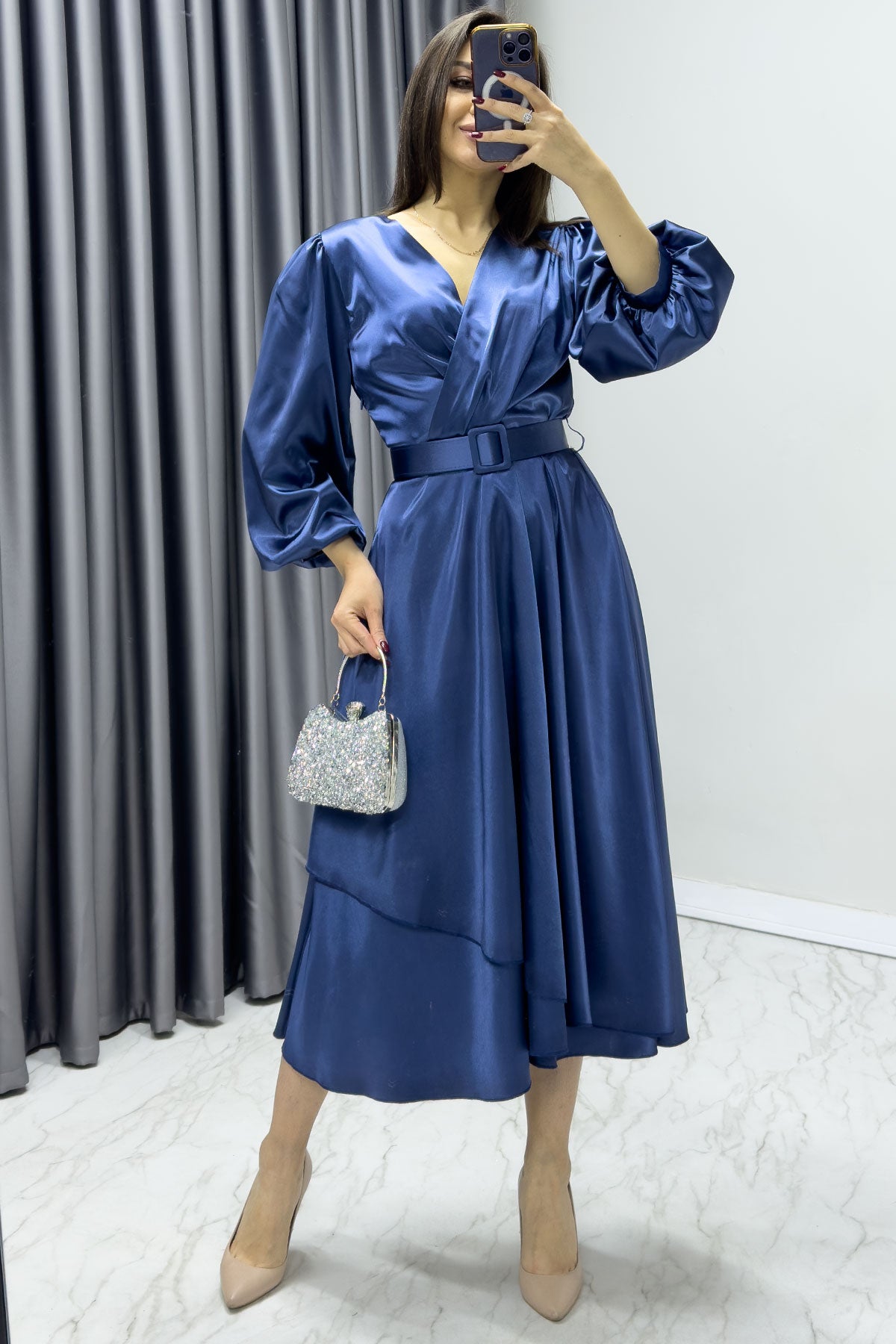 İndigo Kemerli Saten Büyük Beden Abiye Elbise

