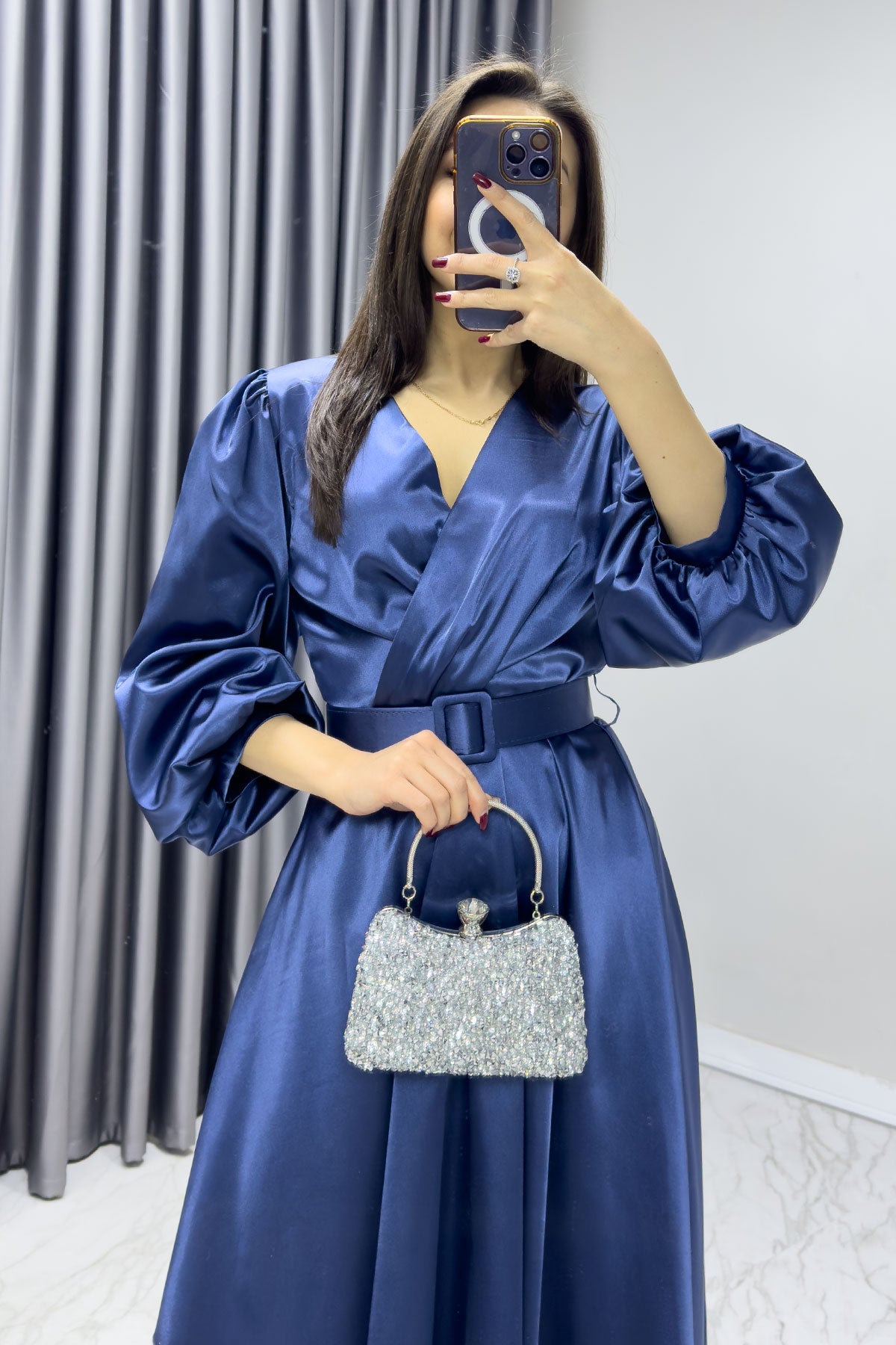 İndigo Kemerli Saten Büyük Beden Abiye Elbise

