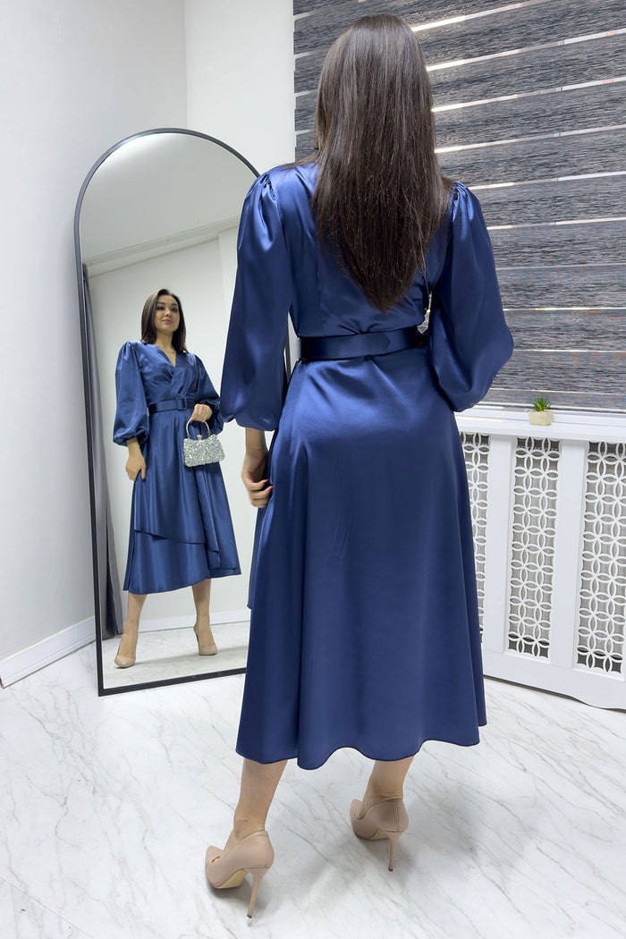 İndigo Kemerli Saten Büyük Beden Abiye Elbise

