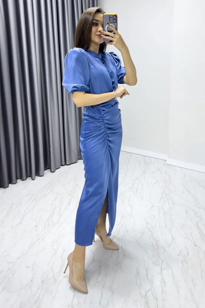 Kadın Saten Balon Kol Drapeli Yırtmaç Detaylı Abiye Elbise-İndigo

