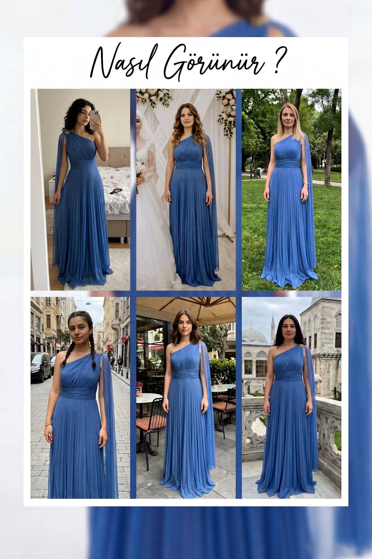 Farklı modellerde The ZKS indigo tek omuz pelerinli simli abiye elbise farklı mekanlarda giyim önerileri