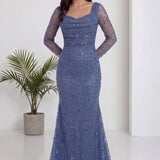 İndigo Uzun Kol Boncuk İşlemeli Degaje Yaka Abiye Elbise