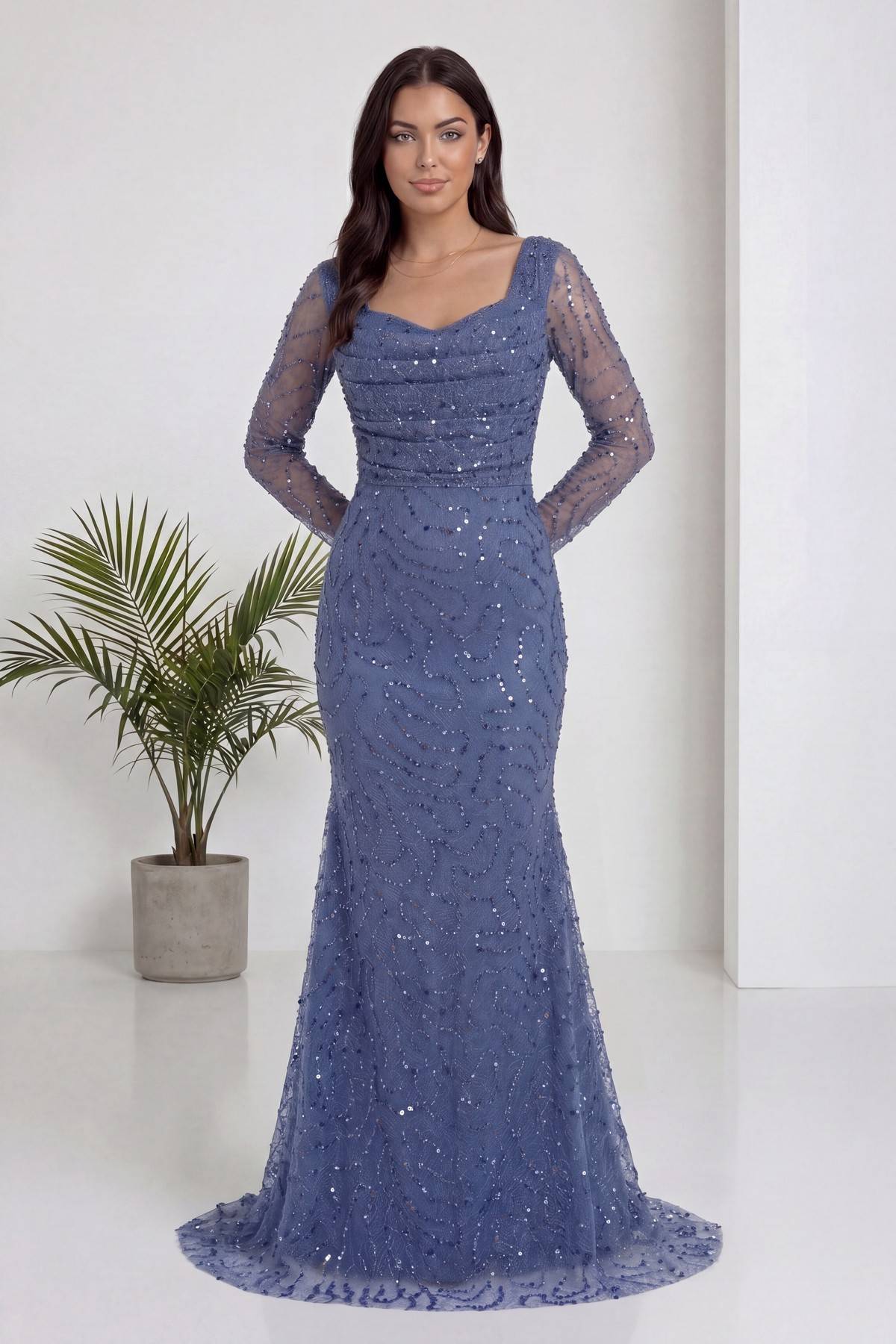 The ZKS indigo boncuk işlemeli degaje yaka uzun kollu abiye elbise ön görünüm