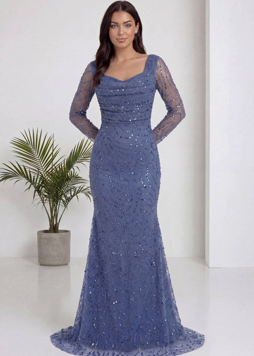 İndigo Uzun Kol Boncuk İşlemeli Degaje Yaka Abiye Elbise