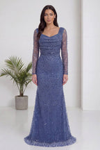 The ZKS indigo degaje yaka boncuk işlemeli uzun kollu abiye elbise tam boy ön görünüm