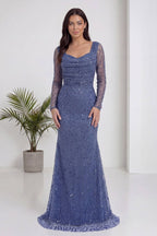 The ZKS indigo boncuk işlemeli degaje yaka uzun kollu abiye elbise tam ön görünüm