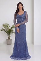 The ZKS indigo boncuk işlemeli degaje yaka abiye elbise ön kol ve göğüs detayı