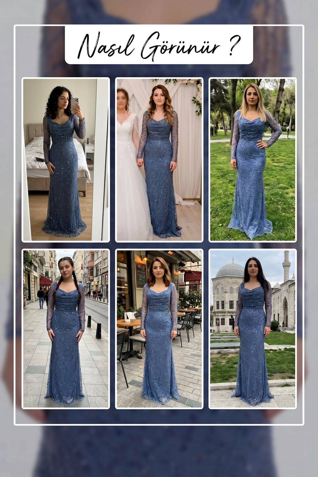 The ZKS indigo boncuk işlemeli degaje yaka abiye elbise farklı ortamlarda kullanım örnekleri