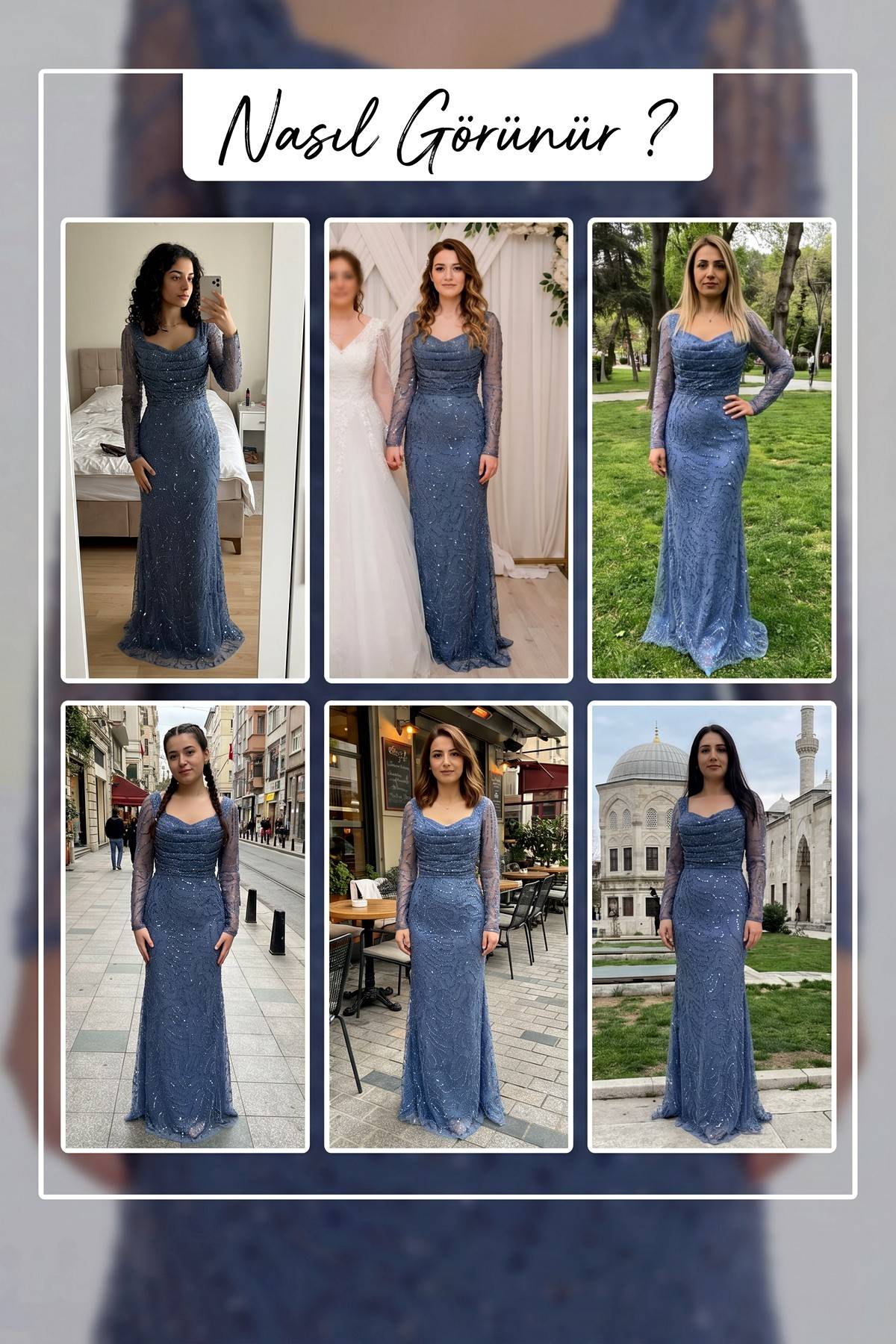 The ZKS indigo boncuk işlemeli degaje yaka abiye elbise farklı ortamlarda kullanım örnekleri