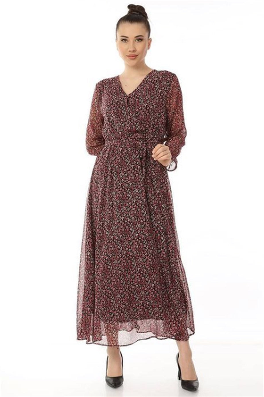 Kruvaze Bordo Mini Çiçekli Şifon Elbise

