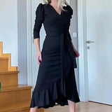 Siyah Kadın Karpuz Kol Kruvaze Krep Kuşaklı Büyük Beden Volanlı Elbise