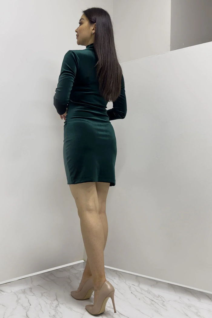 Zümrüt Yeşili Balıkçı Yaka Uzun Kollu Kadife Elbise

