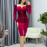 Kadın Kırmızı Kalp Yaka Drapeli Kadife Yeni Sezon Abiye Elbise