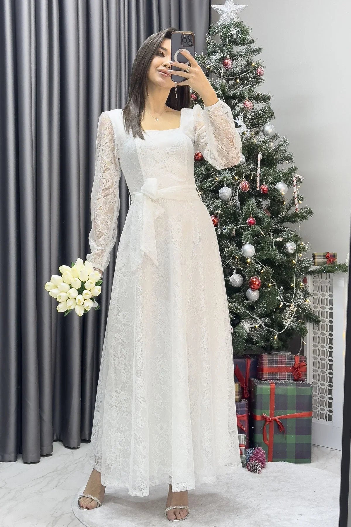 Kadın Beyaz Midi Dantel Elbise - the ZKS