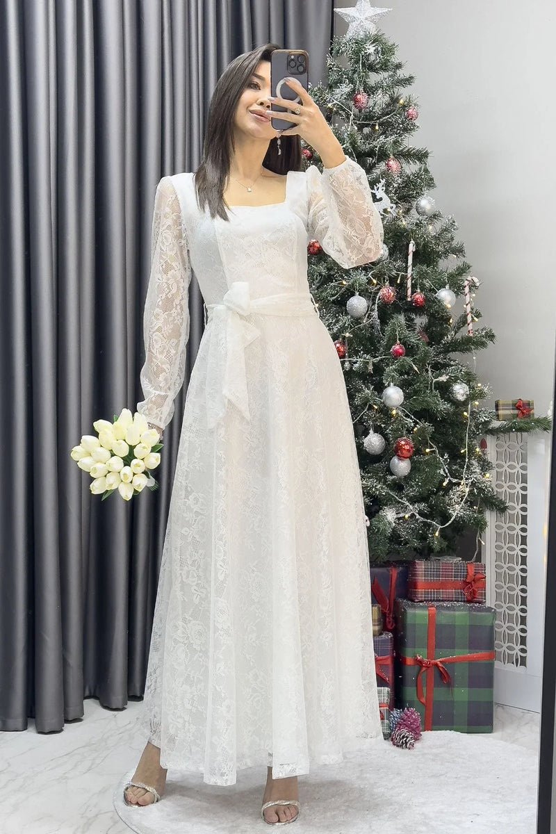 Kadın Beyaz Midi Dantel Elbise - the ZKS