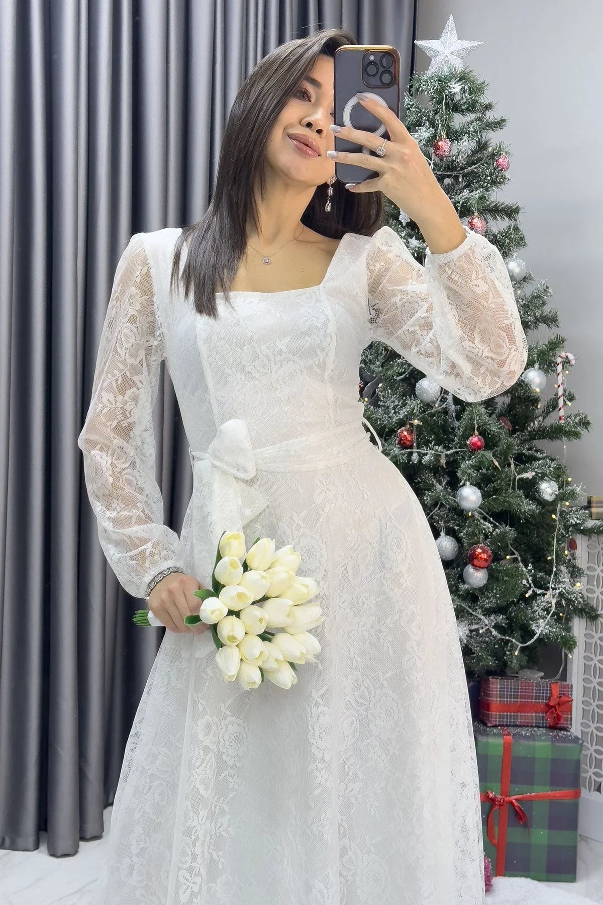 Kadın Beyaz Midi Dantel Elbise - the ZKS