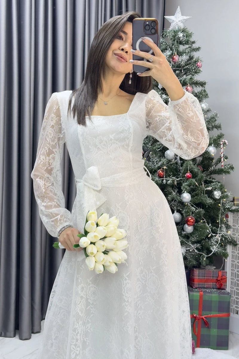 Kadın Beyaz Midi Dantel Elbise - the ZKS