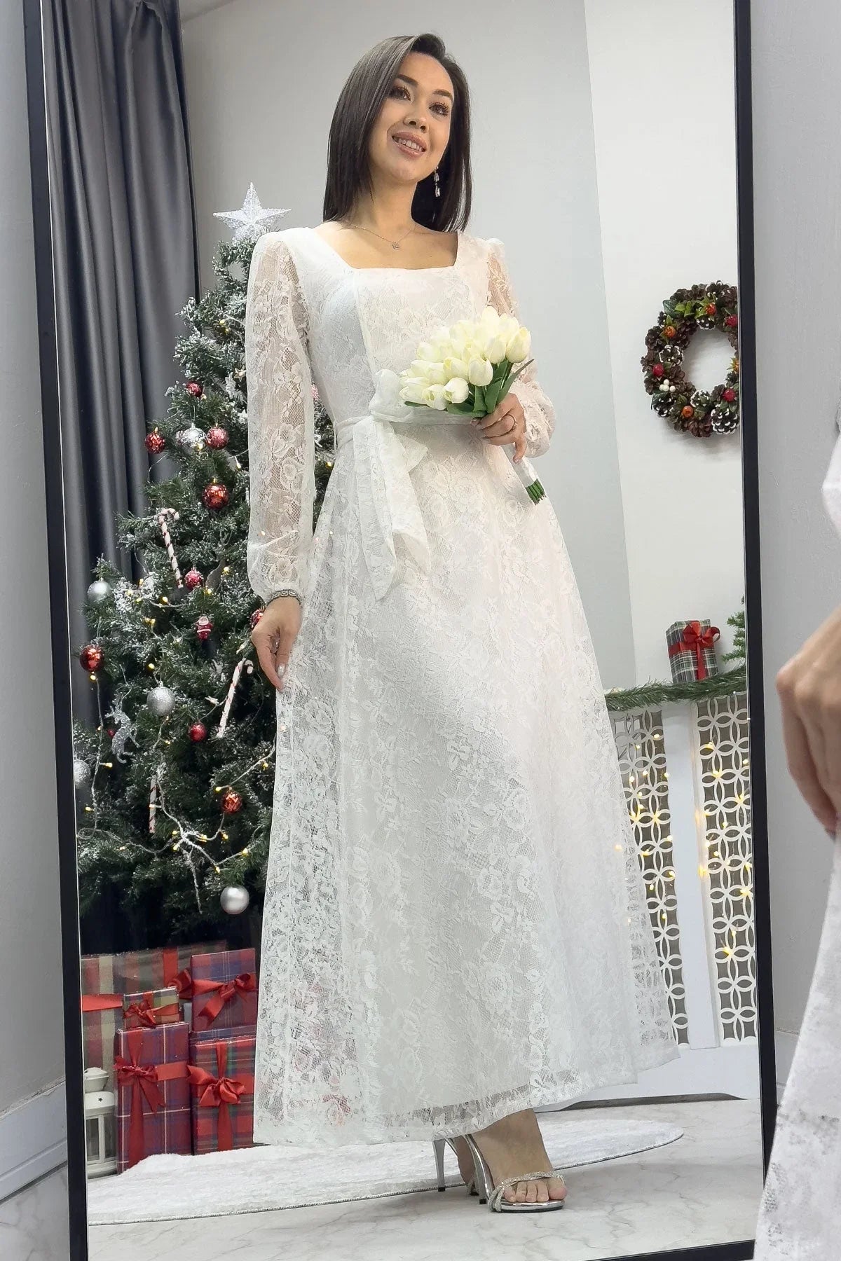 Kadın Beyaz Midi Dantel Elbise - the ZKS